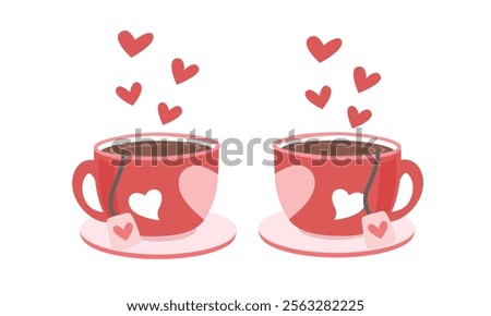 Love teacup or tea cup vector. Red teacup couple with tea bag and heart clipart. Romantic valentine day drink. Love element, valentine element flat vector in cartoon style isolated on white background