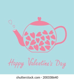 Love teapot with hearts. Happy Valentines Day card. Blue and pink. Vector illustration