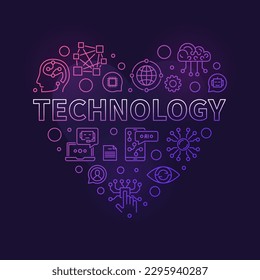 I Love Technology concept linear heart-shaped colored banner - vector AI, ML and Neural Network Tech Heart illustration on dark background