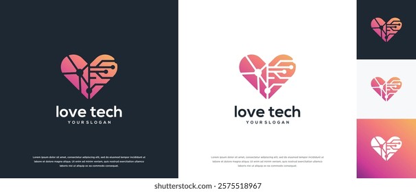 Love technology logo design. Love digital technology logo design vector icon.