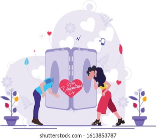 Love in Technology. Young happy couple using mobile phone to connect, feelings sweet thoughts delivering through phone. Vector flat style cartoon illustration.