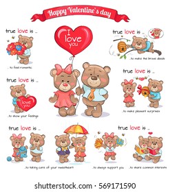 In love teddy bears celebrate happy Valentine's Day. Vector illustration of explanation of true love between couples. Shown confession in feelings, making brave deeds and surprise, sharing interests