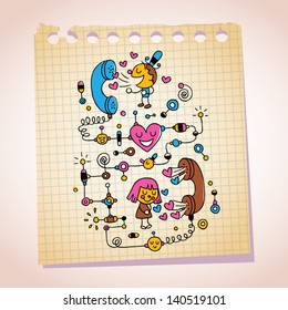 love telephone conversation note paper cartoon illustration