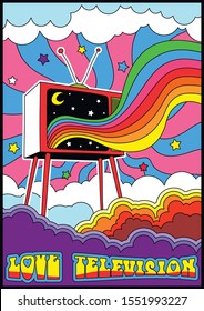 Love Television Poster Psychedelic Art 1960s, 1970s Style, Hippie Aesthetic, Vintage Colors and Shapes