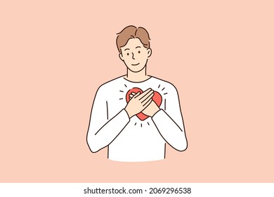 Love tenderness and care concept. Young smiling man cartoon character standing embracing big red heart over heart place vector illustration 