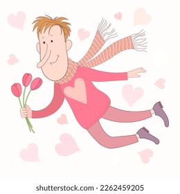 Love tenderness and care concept. Young smiling man cartoon character flying with a bouquet of flowers vector illustration.