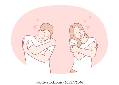Love, tenderness, embrace, care, romance, flirt, dating concept. Young happy couple in love cartoon characters showing love and hugging with hears around. Positive emotions, happiness, relationship