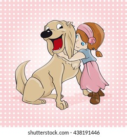 love and tenderness of a little girl with red hair with her dog, a happy golden retriever. she caresses him tenderly. 