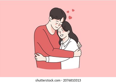 Love tenderness and romantic feelings concept. Young loving smiling couple boy and girl standing hugging embracing each other feeling in love vector illustration 