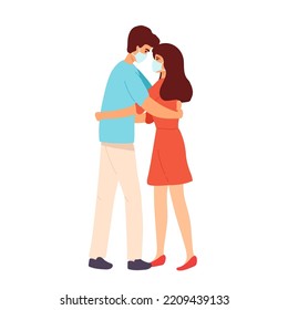Love tenderness and romantic feelings concept. Young loving smiling couple boy and girl standing hugging embracing each other feeling in medical mask love vector illustration.