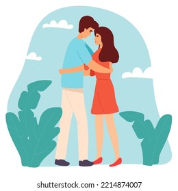 Love tenderness and romantic feelings concept. Young loving smiling couple boy and girl standing hugging embracing each other feeling in love vector illustration