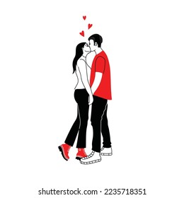 Love tenderness and romantic feelings concept. Young loving smiling couple boy and girl standing hugging each other feeling in love illustration