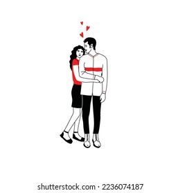 Love tenderness and romantic feelings concept. Young loving smiling couple boy and girl standing hugging each other feeling in love illustration