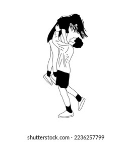 Love tenderness and romantic feelings concept. Young loving smiling couple boy and girl standing hugging each other feeling in love illustration