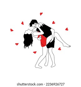 Love tenderness and romantic feelings concept. Young loving smiling couple boy and girl standing hugging each other feeling in love illustration