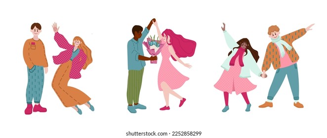 Love tenderness and romantic feelings concept. Young loving smiling couple boy and girl feeling in love vector illustration