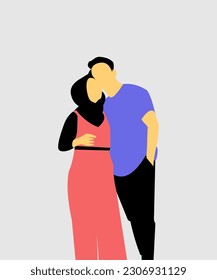 Love tenderness and romantic feelings concept. Young loving smiling couple boy and girl standing hugging embracing each other feeling in love vector illustration