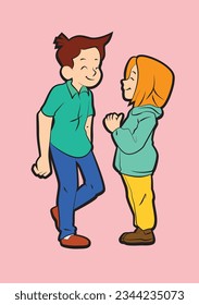Love tenderness and romantic feelings concept. Young loving smiling couple boy and girl standing hugging embracing each other feeling in love illustration