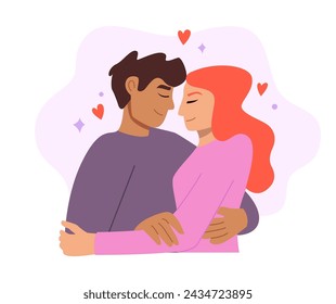 Love Tenderness and Romantic Feelings Concept. Man and Woman Hugging Embracing Each other Feeling in Love. Couple on Romantic Date. Flat Vector Illustration.