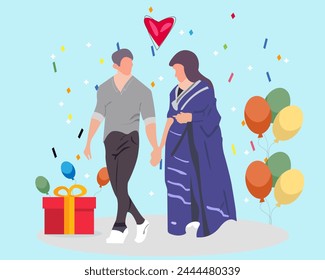 Love tenderness and romantic feelings concept. Sweet Couple Holding Hands Celebrating Valentine Vector Illustration.