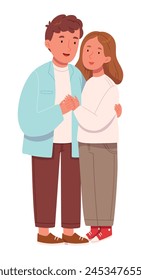 Love tenderness and romantic feelings concept. Young loving smiling couple boy and girl standing hugging embracing each other feeling in love vector illustration