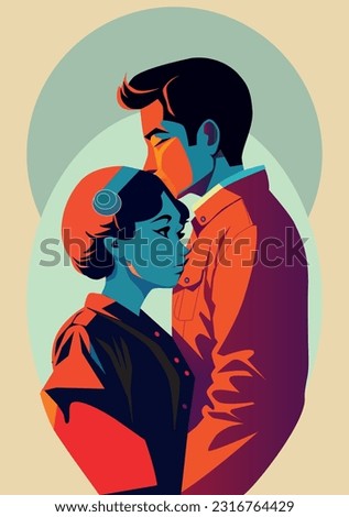 Love tenderness and romantic feelings concept. Young loving couple boy and girl are standing hugging each other and feeling in love. abstract story, fictional unreal characters, fictional faces