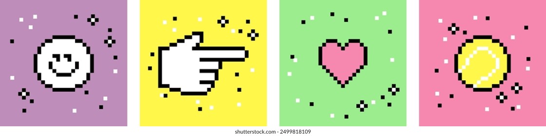 Love tennis card set in pixel art 8 bit design. Tennis ball, heart, smile face. Hand click cursor. Pixels Y2k trendy playful sticker. Mood of 90's aesthetics. Simple geometric form. Funny colored