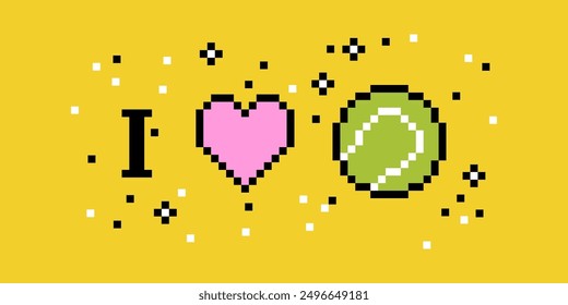 Love tennis concept. Pixel art 8 bit design. Sport banner. Composition with tennis ball, heart. Pixels Y2k trendy playful sticker. Mood of 90's aesthetics. Simple geometric form. Funny colors