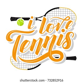 I love Tennis custom lettering text with tennis racets and ball on white background, vector illustration. Tennis calligraphy. Sport, fitness, activity vector design. Print for T-shirt and caps.