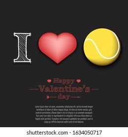 I love tennis. Happy Valentines Day. Pattern with tennis ball and heart on an isolated background. Design template for greeting card, banner, poster, flyer, badges, t-shirt. Vector illustration
