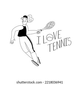 I love tennis lettering with an illustration of an athlete in motion receiving a tennis serve.