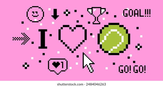 Love tennis pixel art 8 bit design. Sport banner concept. Composition with tennis ball, heart, text Goal. Pixels Y2k trendy playful sticker. Mood of 90's aesthetics. Simple geometric form