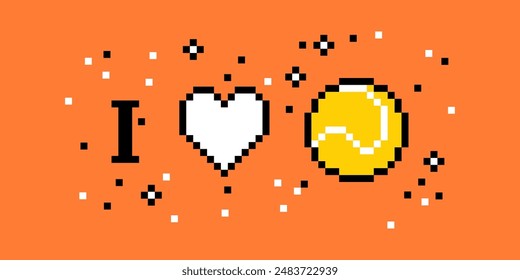 I love tennis. Love sport pixel art 8 bit design for tennis fans. Sport banner concept. Tennis motivation sign. Pixels Y2k trendy playful sticker. Mood of 90's aesthetics. Simple geometric form