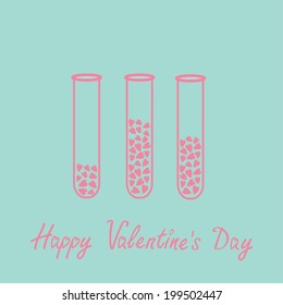 Love test tubes with hearts inside. Happy Valentines Day card. Blue and pink. Vector illustration