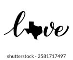Love Texas calligraphy lettering with map. USA patriotic sign. Vector template for typography poster, banner, flyer, greeting card, etc