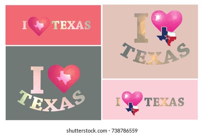 i love texas with texas map and heart in geometric polygonal, mosaic style.