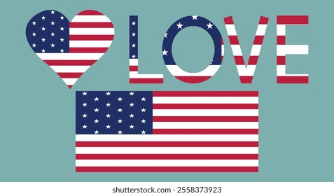 Love text with American flag icon vector illustration. American flag symbol.