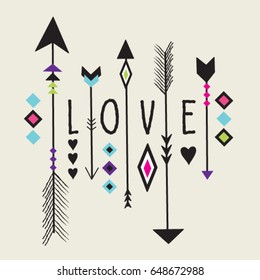 love text with arrow and tribal pattern vector illustration, T-shirt design, hand drawn illustration in boho style