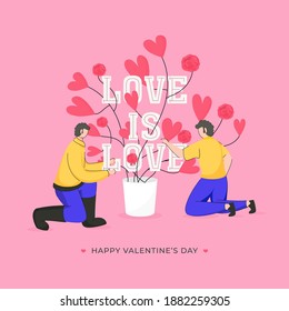 Love Is Love Text With Cartoon Men Character And Heart Flower Pot On Pink Background For Happy Valentine's Day Concept.