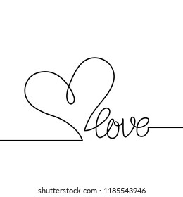 Love text with continuous line drawing of heart isolated on white background, love lettering for greeting card, poster, invitation, wedding, handwritten calligraphy.