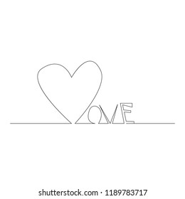Love text with continuous line drawing of heart isolated on white background, love lettering for greeting card, poster, invitation, wedding, handwritten calligraphy.