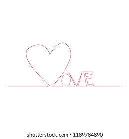 Love text with continuous line drawing of heart isolated on white background, love lettering for greeting card, poster, invitation, wedding, handwritten calligraphy. eps 10