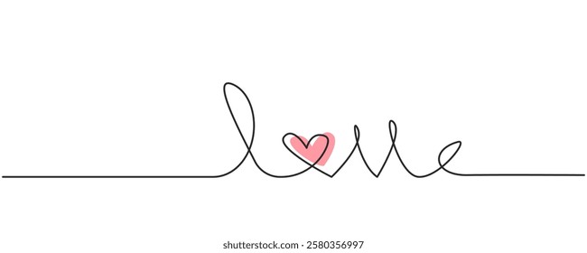 Love text continuous line with heart symbol. Valentine day concept. Editable line vector illustration