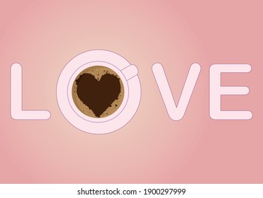Love text with a cup of coffee. Cofee foam and bubbles in a shape of a heart. Pink background. Coffee love concept. 