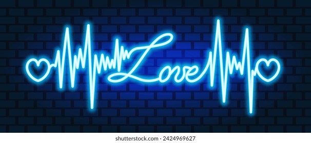 Love. The text is decorated with a pulse and hearts. Blue neon glow. Color vector illustration. Isolated blue brick background. Broken zigzag line and romantic italic inscription. Idea for web design.