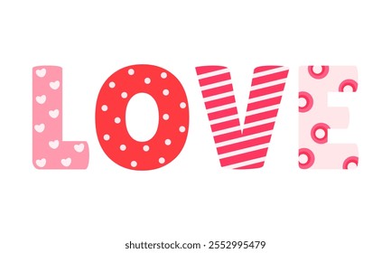 Love text design with decorative patterns. Valentine's Day theme. Isolated on white background