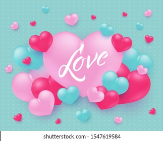 Love text design with sign on big pink heart surrounded by little heart shapes on pastel turquoise background - vector illustration of tender romantic banner for Valentines day or wedding design.