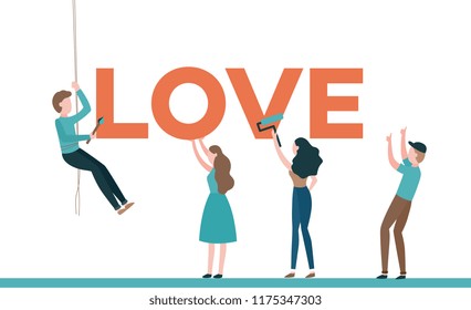 Love text design vector illustration with men and women placing and painting big letters isolated on white background. Male and female characters building word for flat design.
