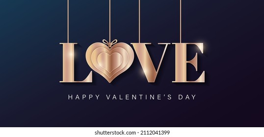 Love text effect. Gold lettering love for valentines day. Hanging gold metallic lettering on blue background. Elegant banner template design. Happy valentines day card. Vector illustration