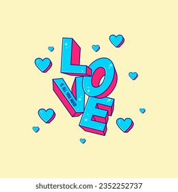 LOVE text effect illustration vector heart symbol falling in love, poem sticker, clip art textile, t shirt design printable